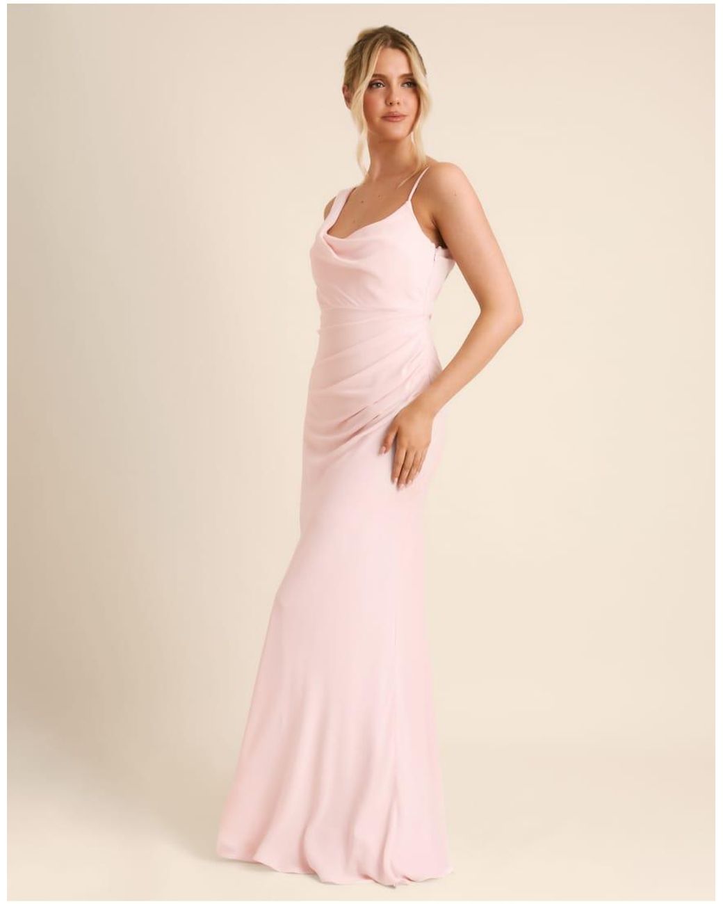 Six Stories Pink Bridesmaid Crepe Asymmetric Cowl Neck Maxi Dress