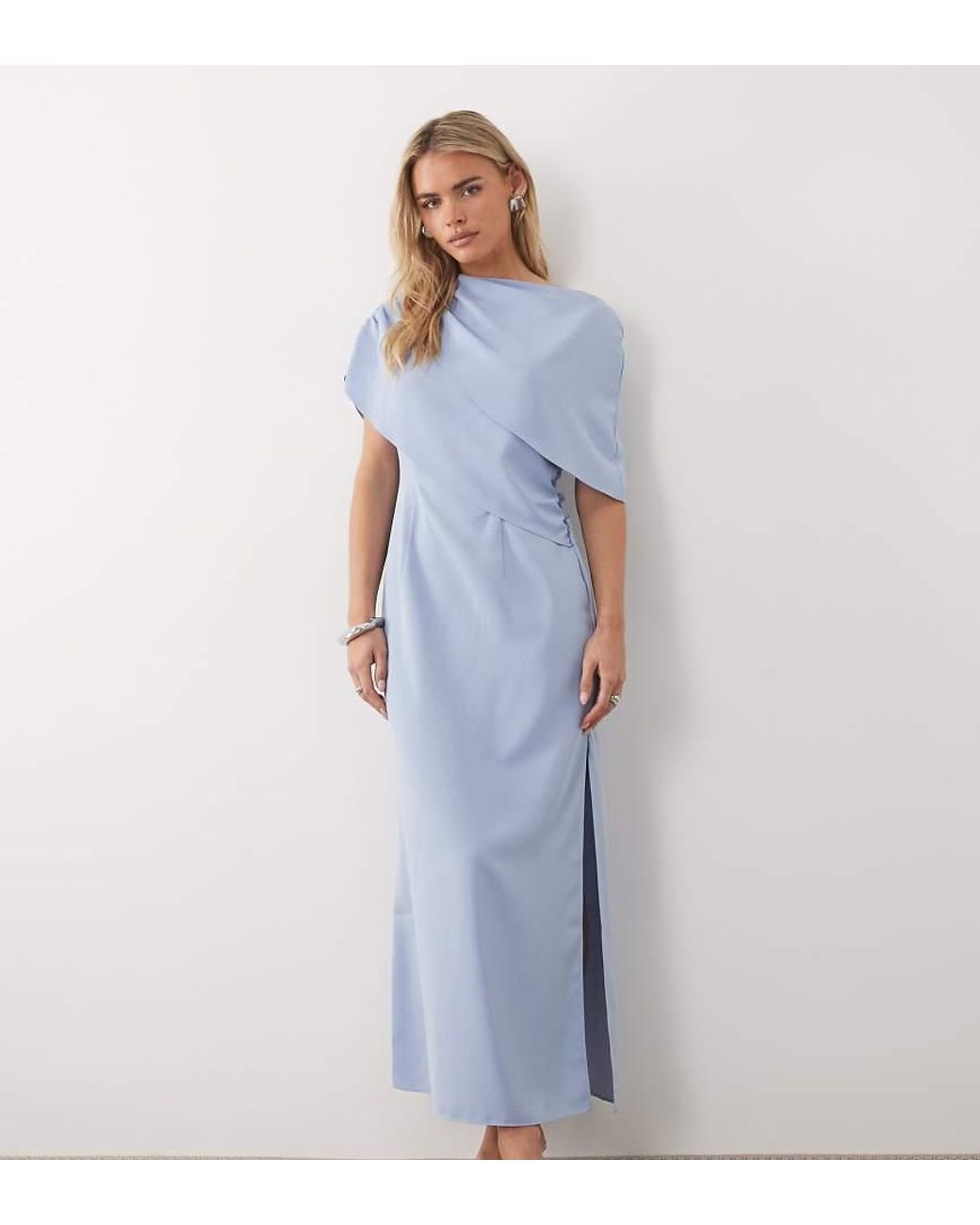 ASOS Blue Asos Design Petite Fallen Shoulder Midi Dress