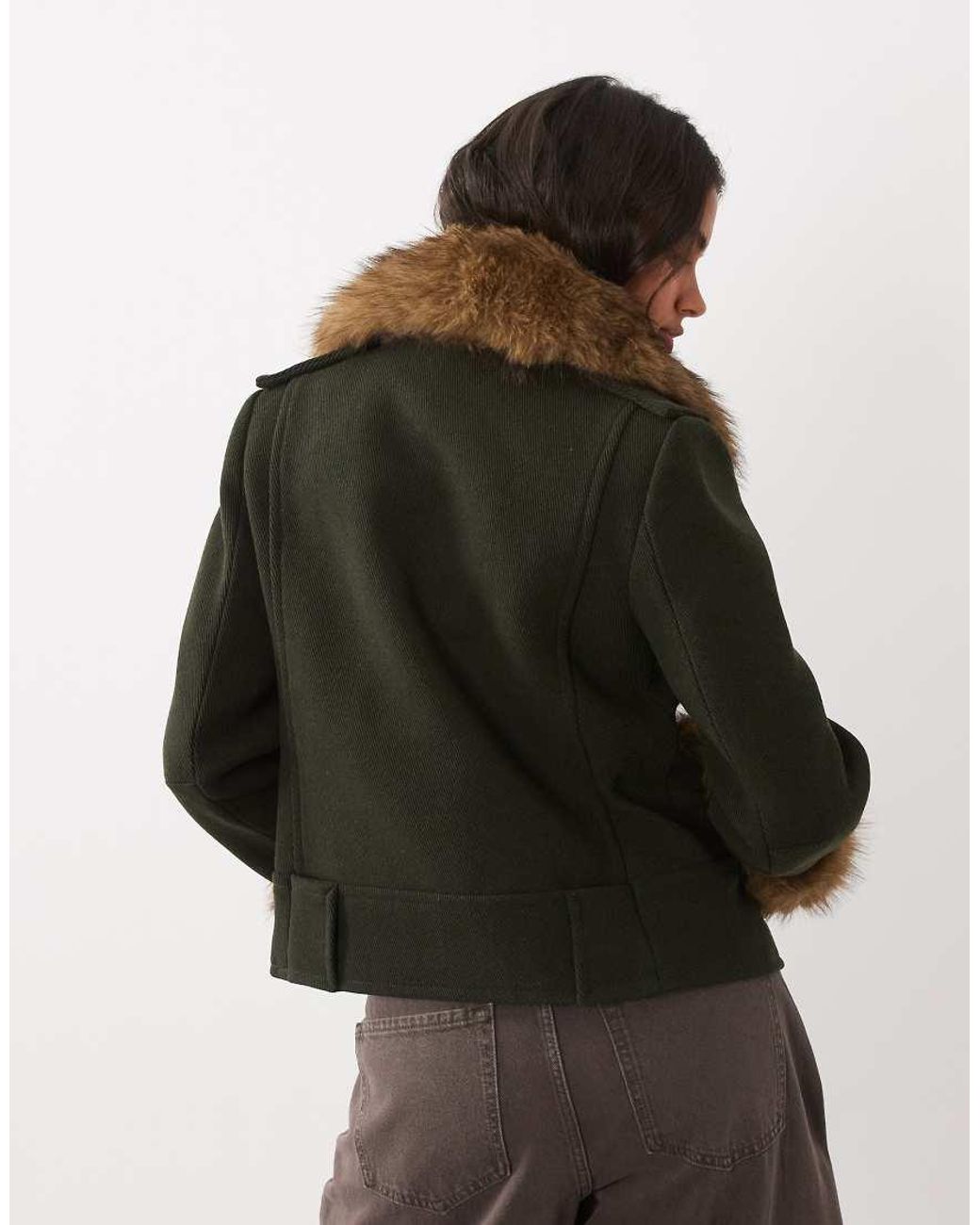 Mango Brown Wool Mix Short Jacket With Faux Fur Trims