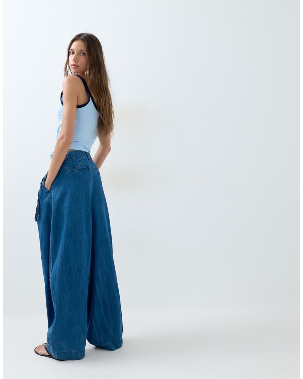 ASOS Blue Soft Wide Leg Denim Trouser With Wrap Waist