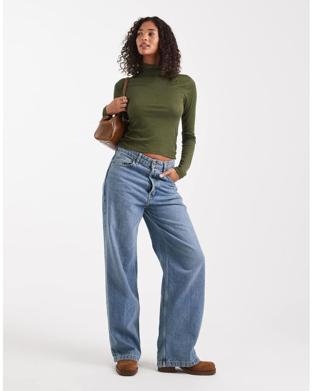 Miss Selfridge Green Fine Knit Grown On Neck Long Sleeve Top