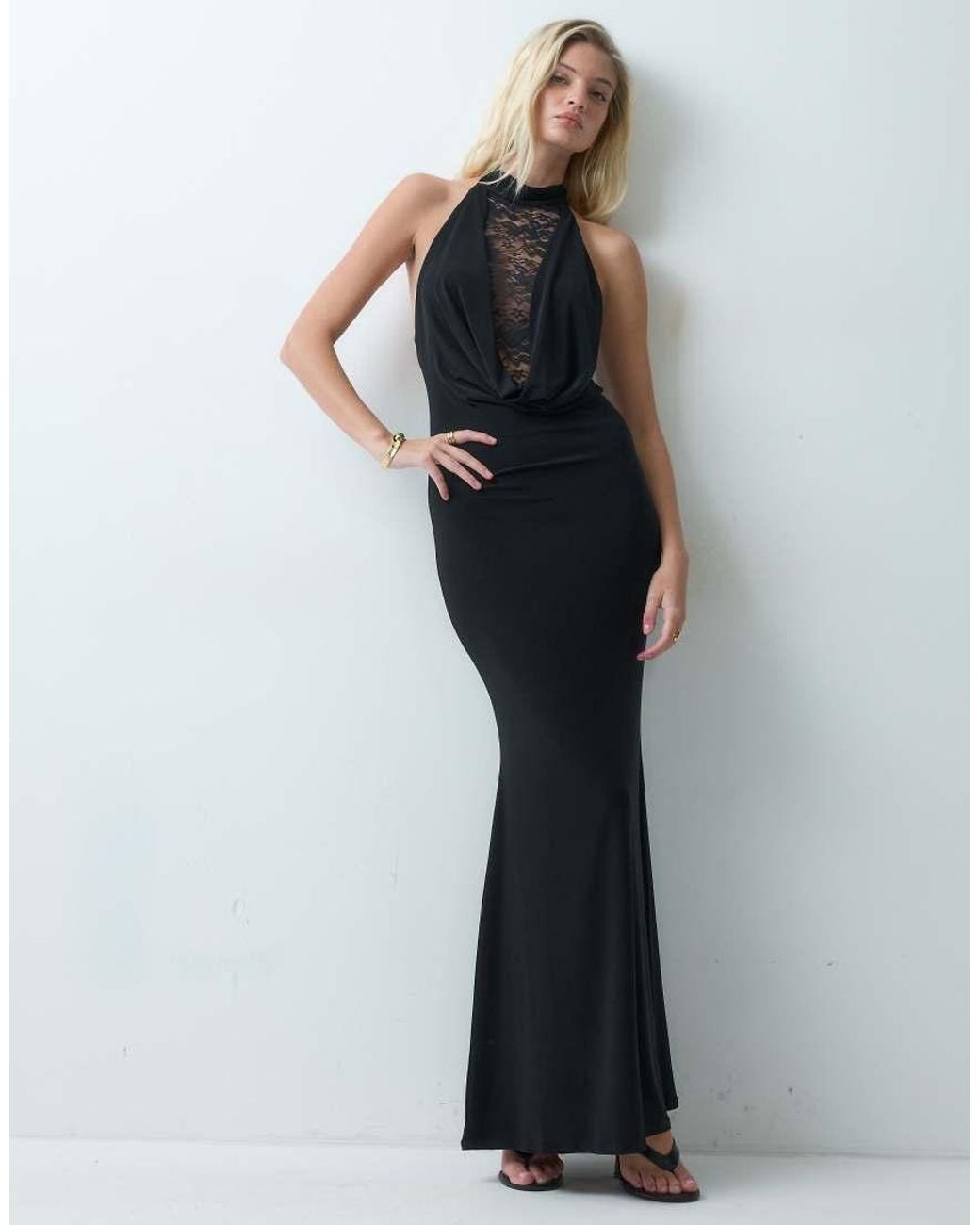 ASOS Black Lace Mix Halter Cowl Maxi Dress