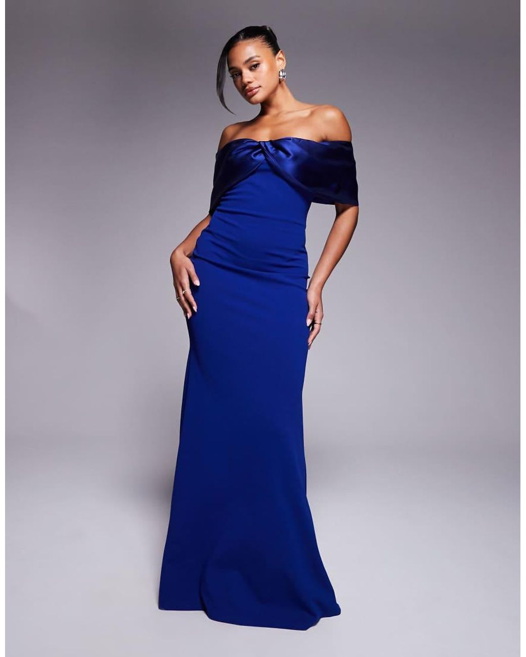 Goddiva Blue Twist Knot Satin Bardot Maxi Dress