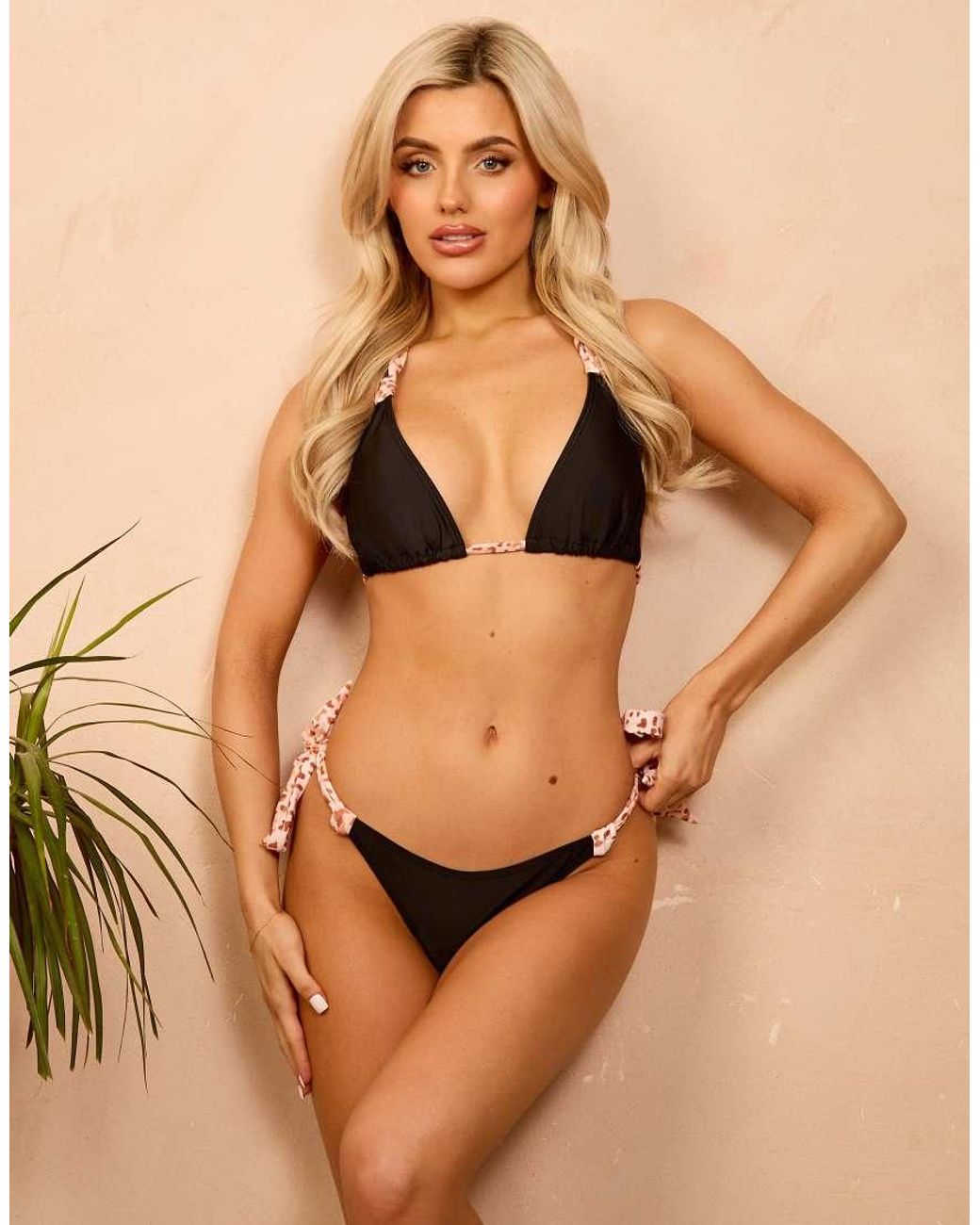 Wolf & Whistle Brown X Isabella Whittingham Triangle Bikini Top With Leopard Contrast Straps