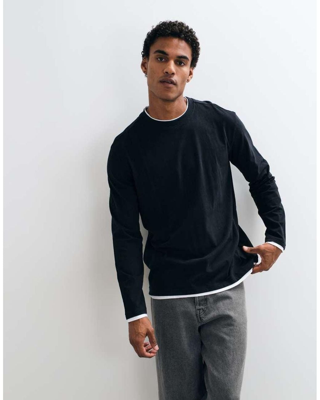 Threadbare Blue Long Sleeve Cotton Relaxed Fit T-shirt for men