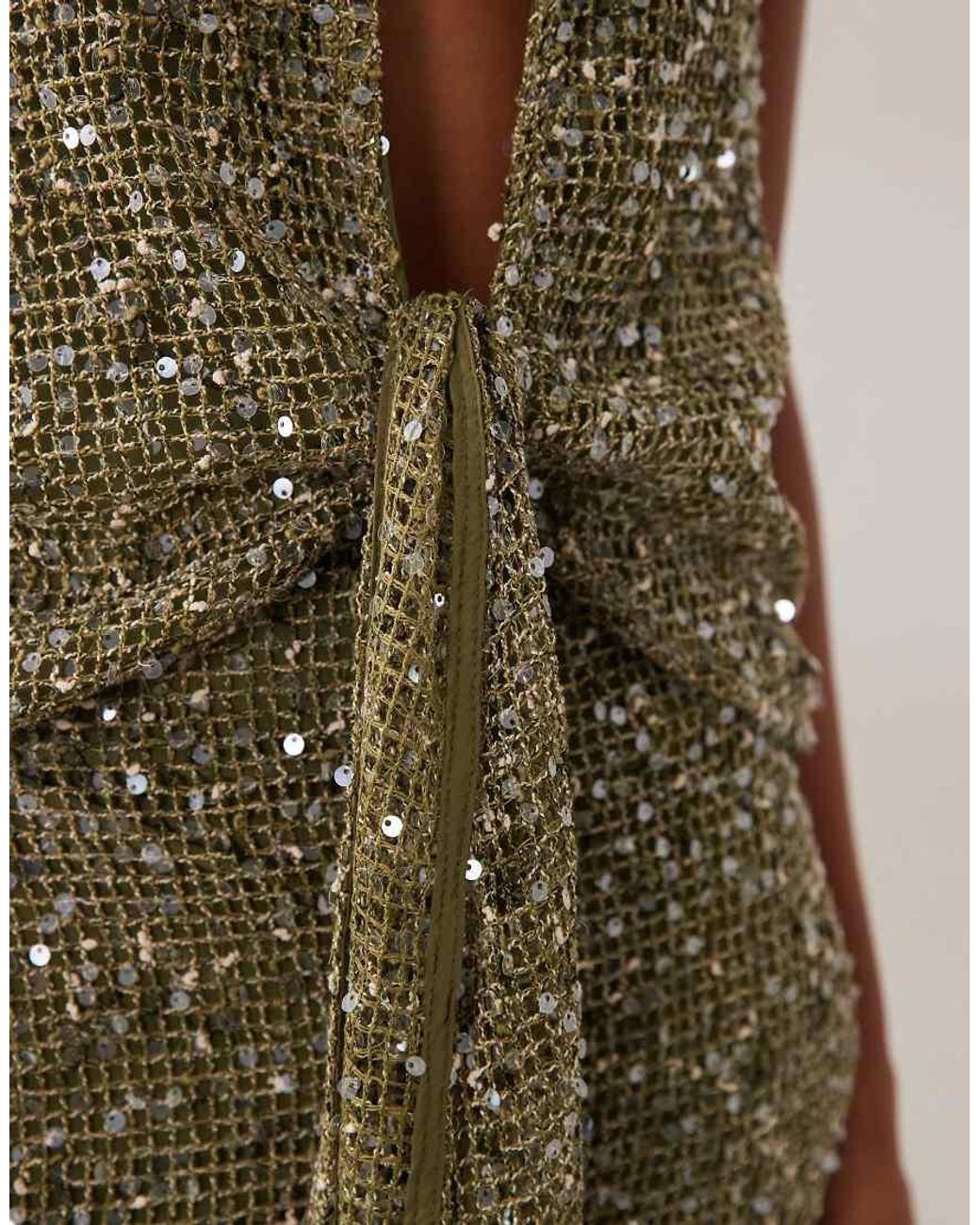 Murci Green Halterneck Plunge Drape Knot Detail Knit Sequin Maxi Dress