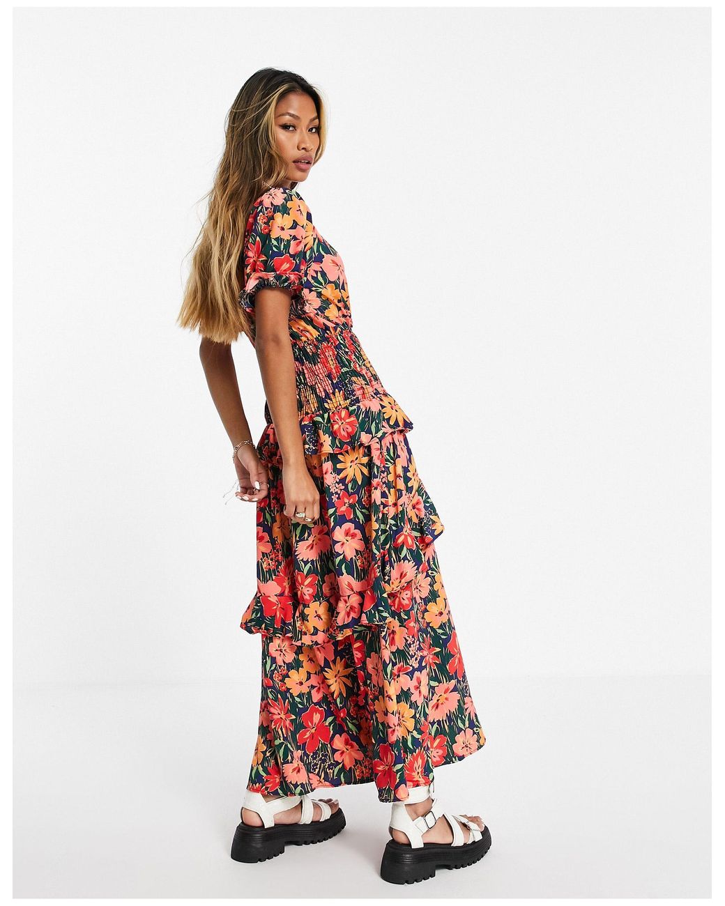 TOPSHOP Large Floral Shirred Waist Peplum Midi Dress in White | Lyst UK