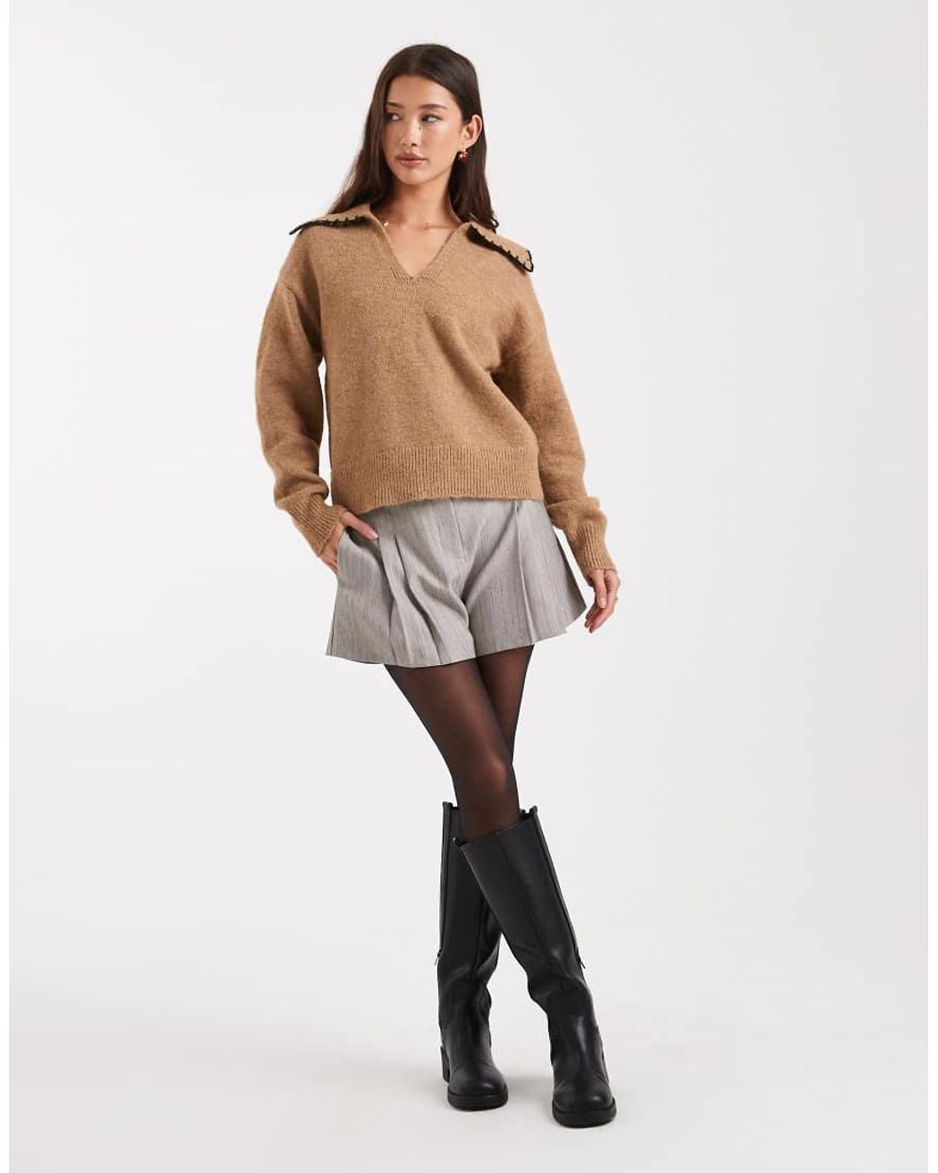 New Look Brown Blanket Stitch Collar Polo Jumper