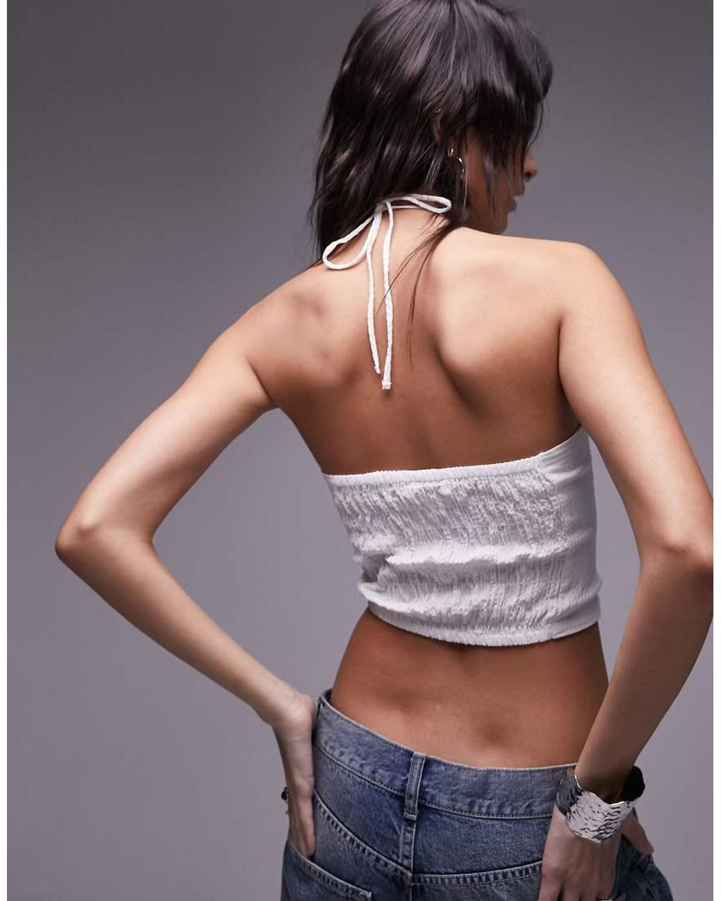 TOPSHOP Gray Textured Ruched Cutout Halter Top