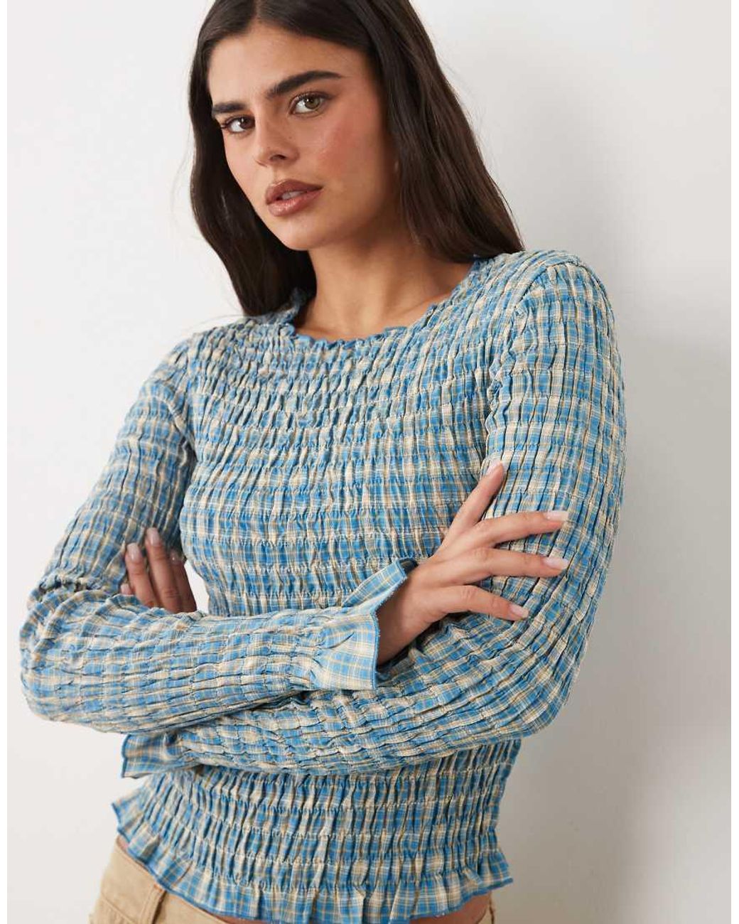 Daisy Street Blue Long Sleeve Shirred Top