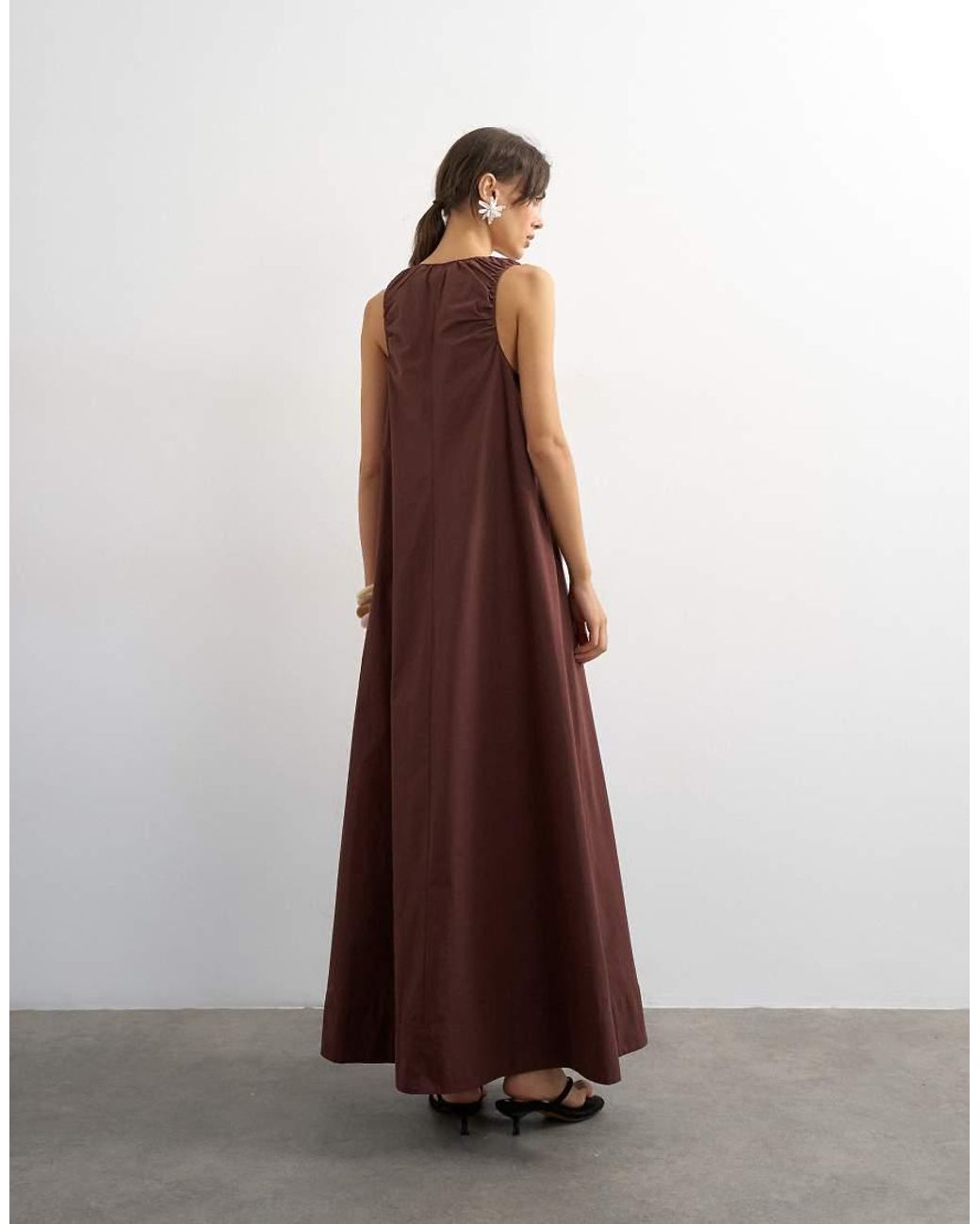 TOPSHOP Brown Cotton Poplin Ruched Neck Maxi Sundress