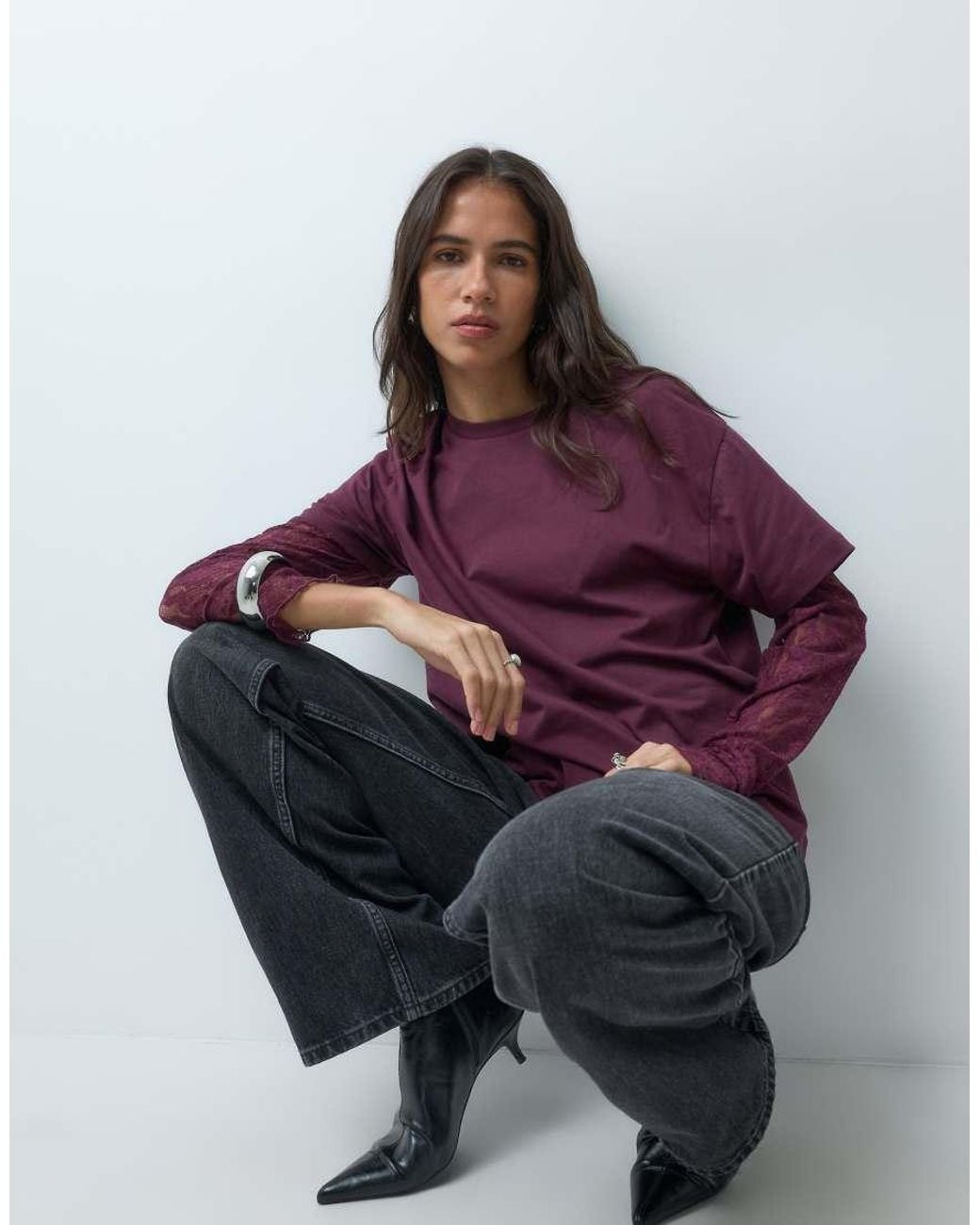 Miss Selfridge Purple Oversized Tshirt With Lace Sleeve