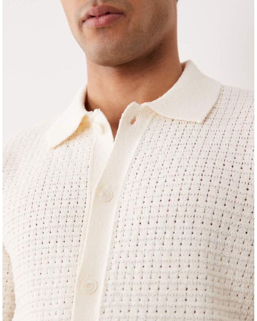 Mango White Button Up Short Sleeve Waffle Knit Poloshirt for men