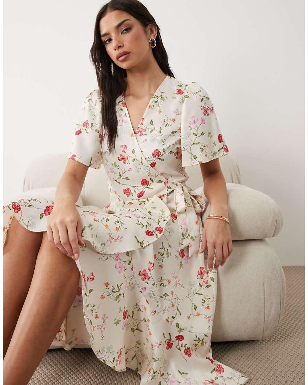 Y.A.S Natural Satin Wrap Midi Dress