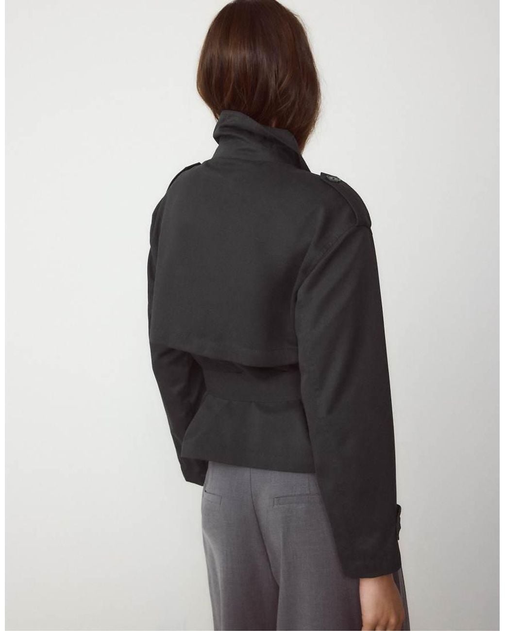 Stradivarius Black Cropped Trench Coat With Belt