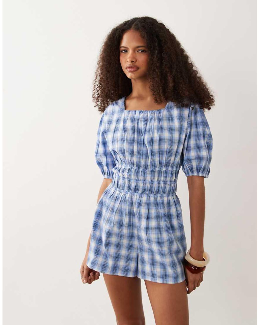 Wednesday's Girl Blue Wednesdays Girl Shirred Waist Tie Back Playsuit