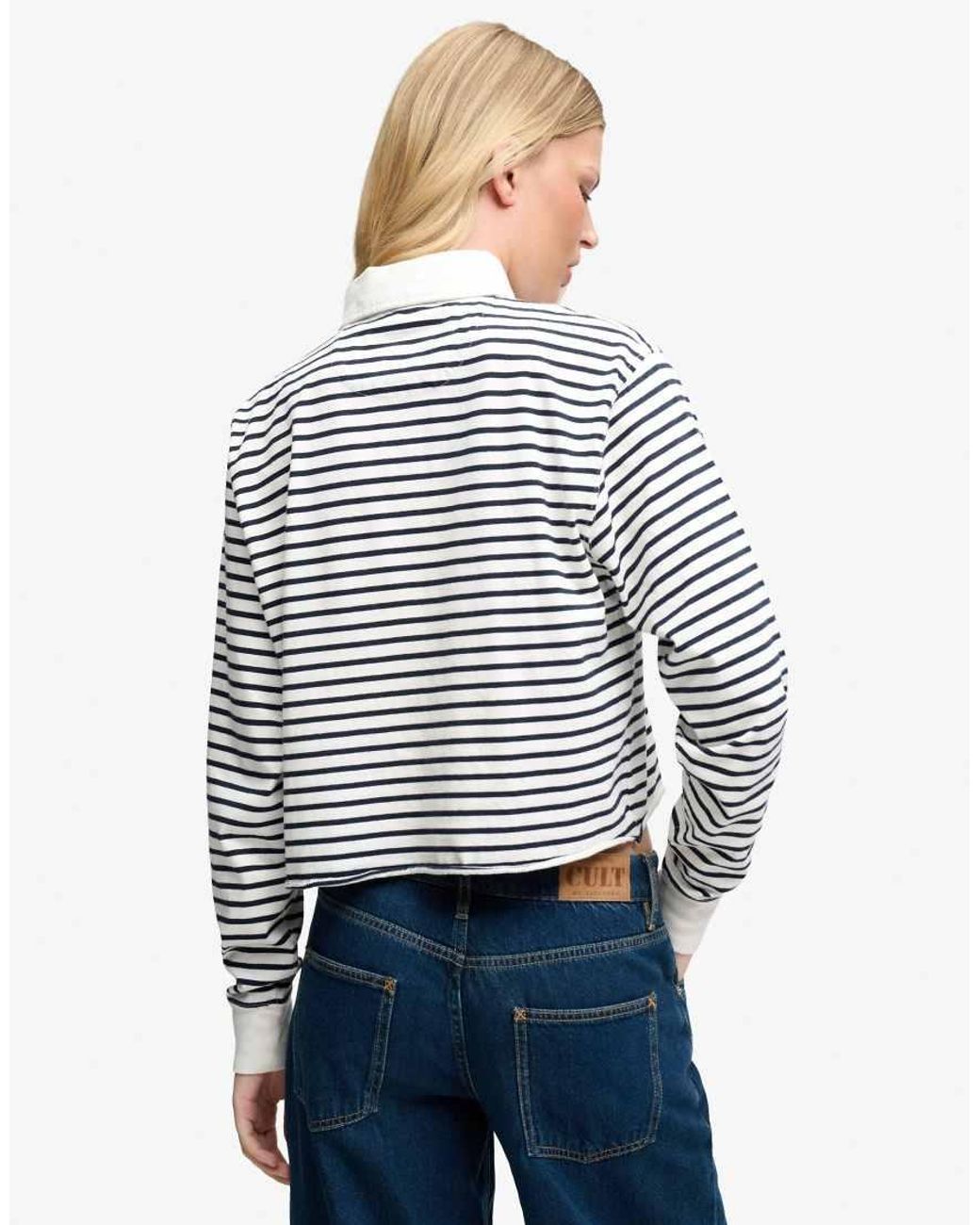 Superdry Blue Athletic Essential Cropped Stripe Rugby Top