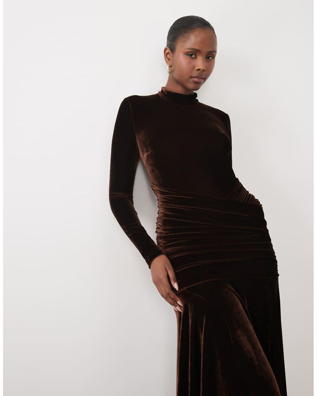 Bardot Black Velvet High Neck Long Sleeve Ruched Detail Godet Maxi Dress
