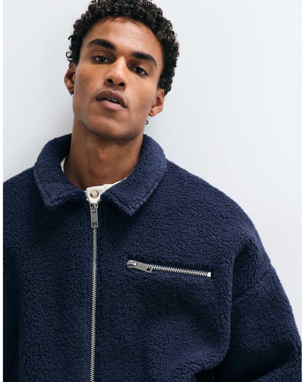 ASOS Blue Oversized Borg Fleece Zip Through Jacket for men