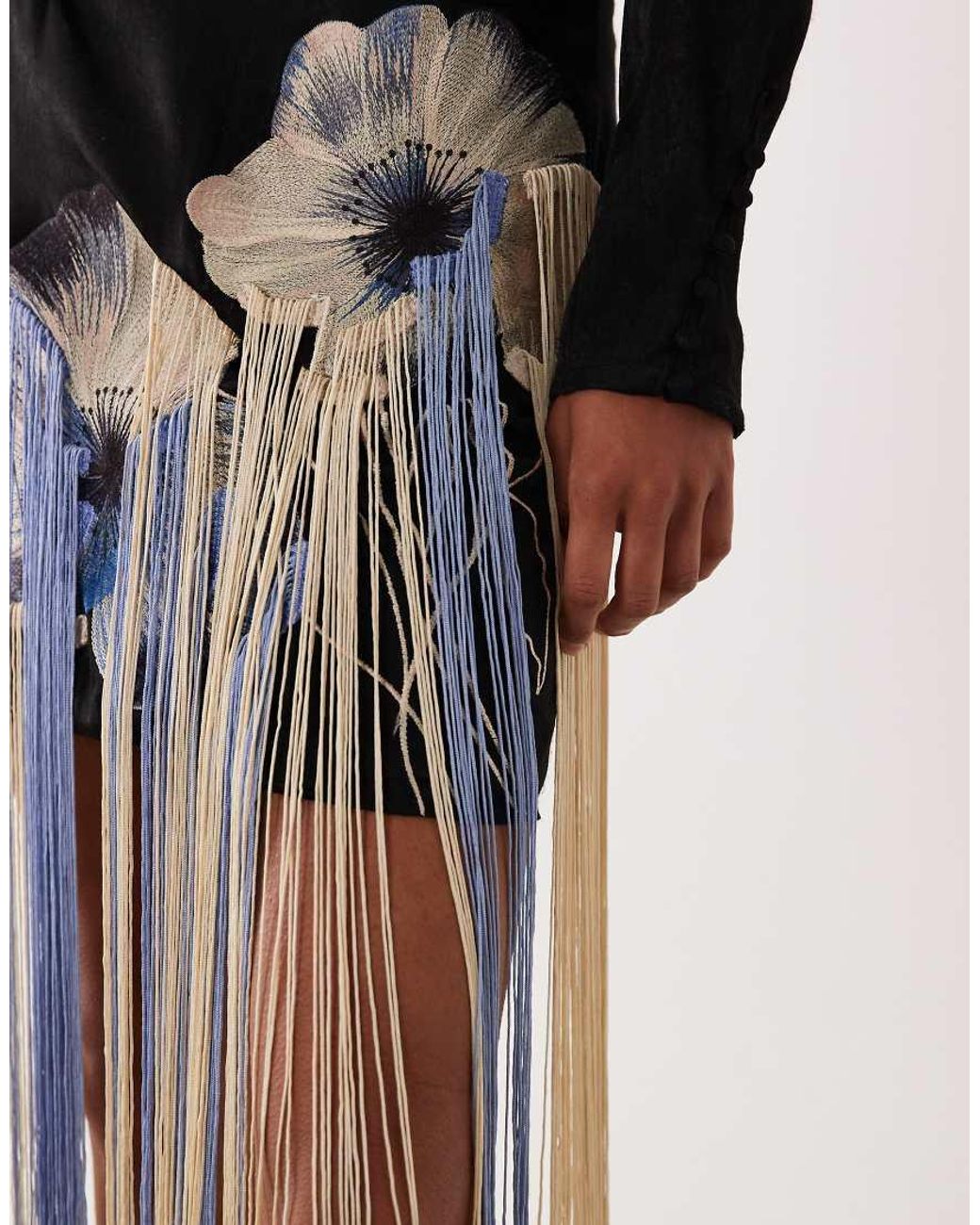 ASOS Black Satin Floral Embroidered Mini Dress With Fringing