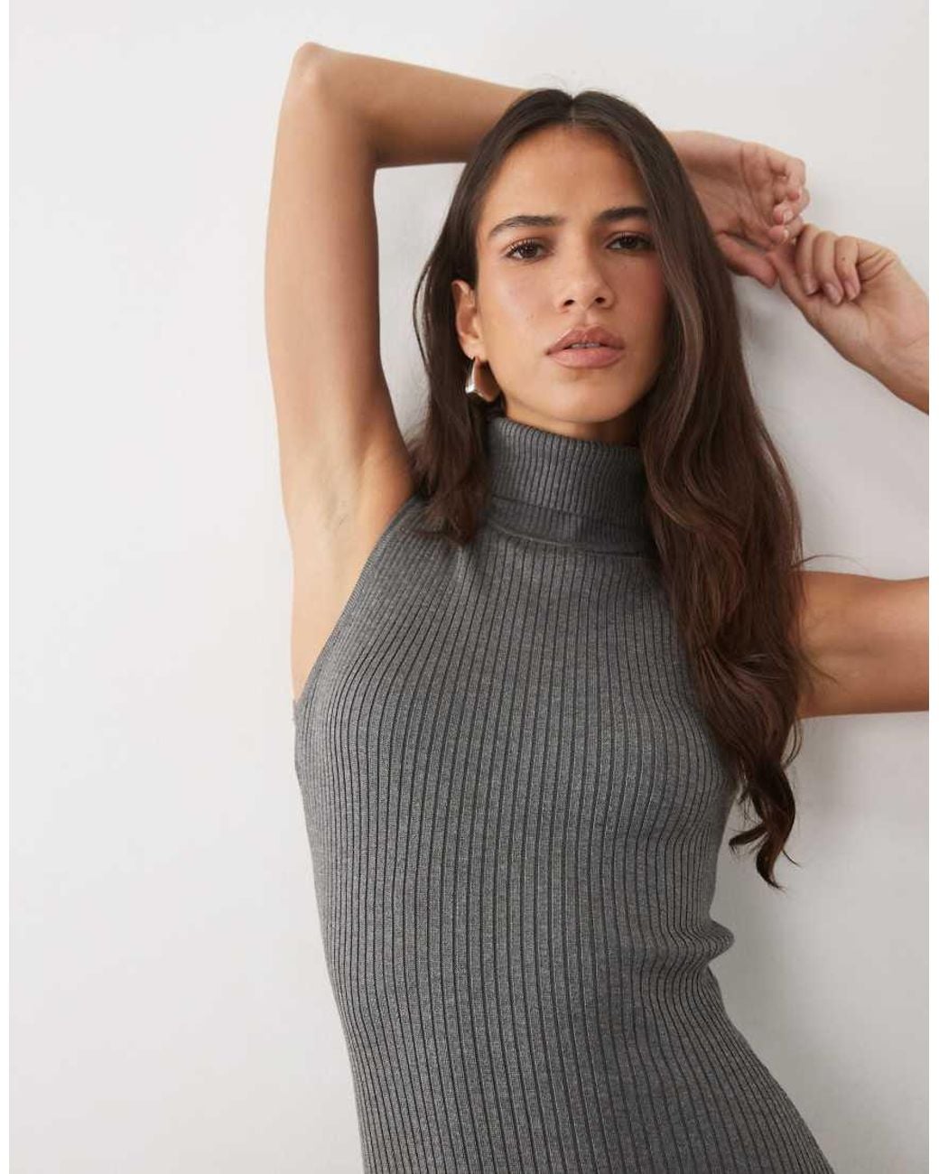 Kaiia Gray Exclusive High Neck Sleeveless Ribbed Knit Maxi Dress