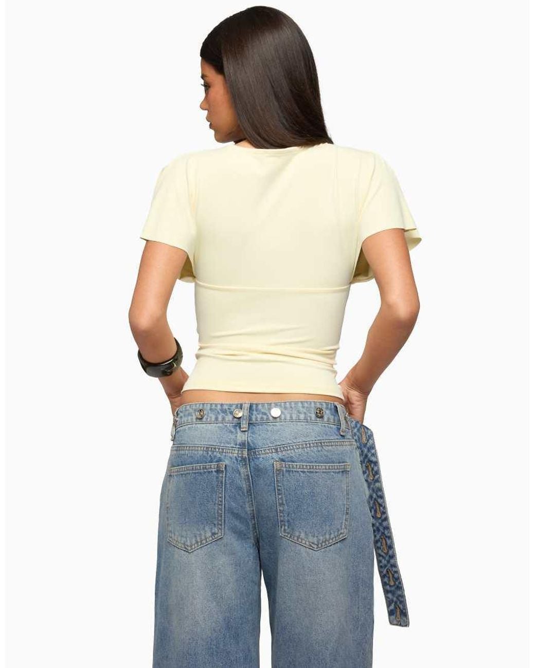 Edikted Blue Flutter Plunging V Neck Top