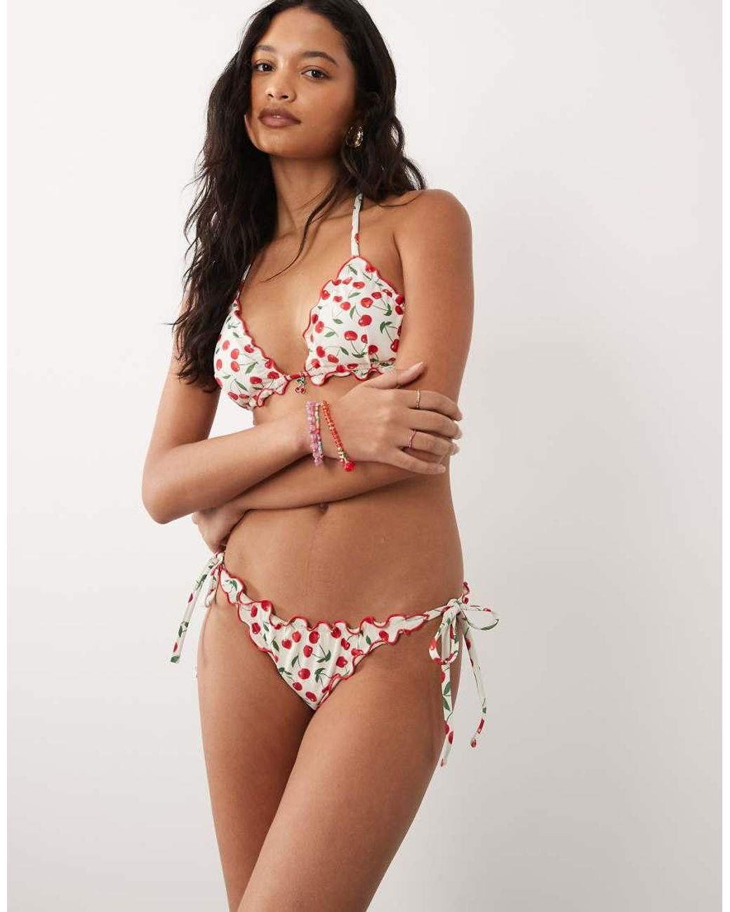 Accessorize Brown Cherry Print Triangle Bikini Top With Contrast Trim