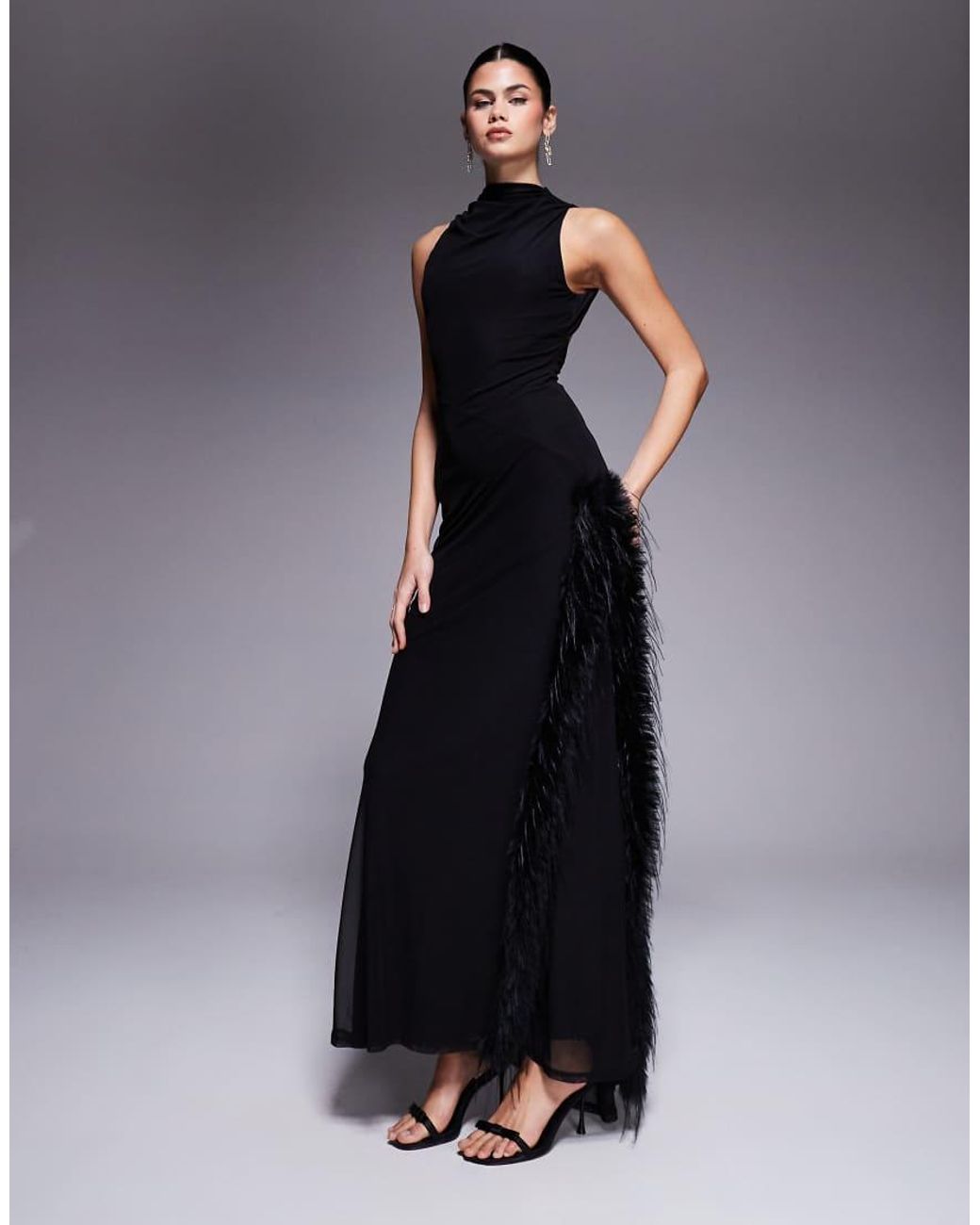 ASOS Halterneck High Split Maxi Dress With Fur Detail in Blue | Lyst UK