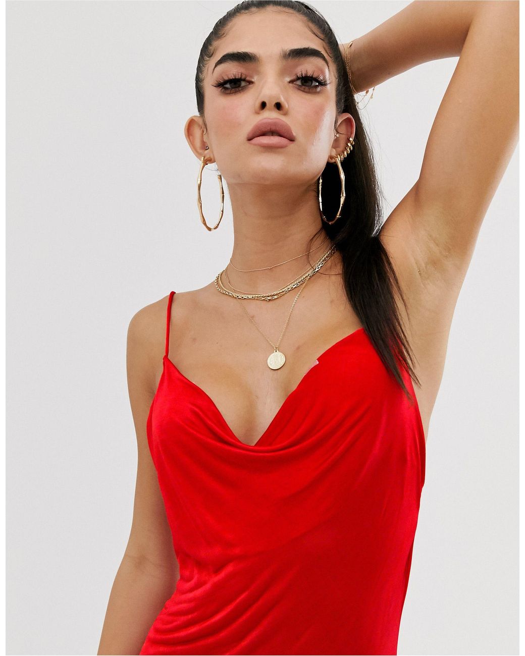 red slinky cowl neck dress