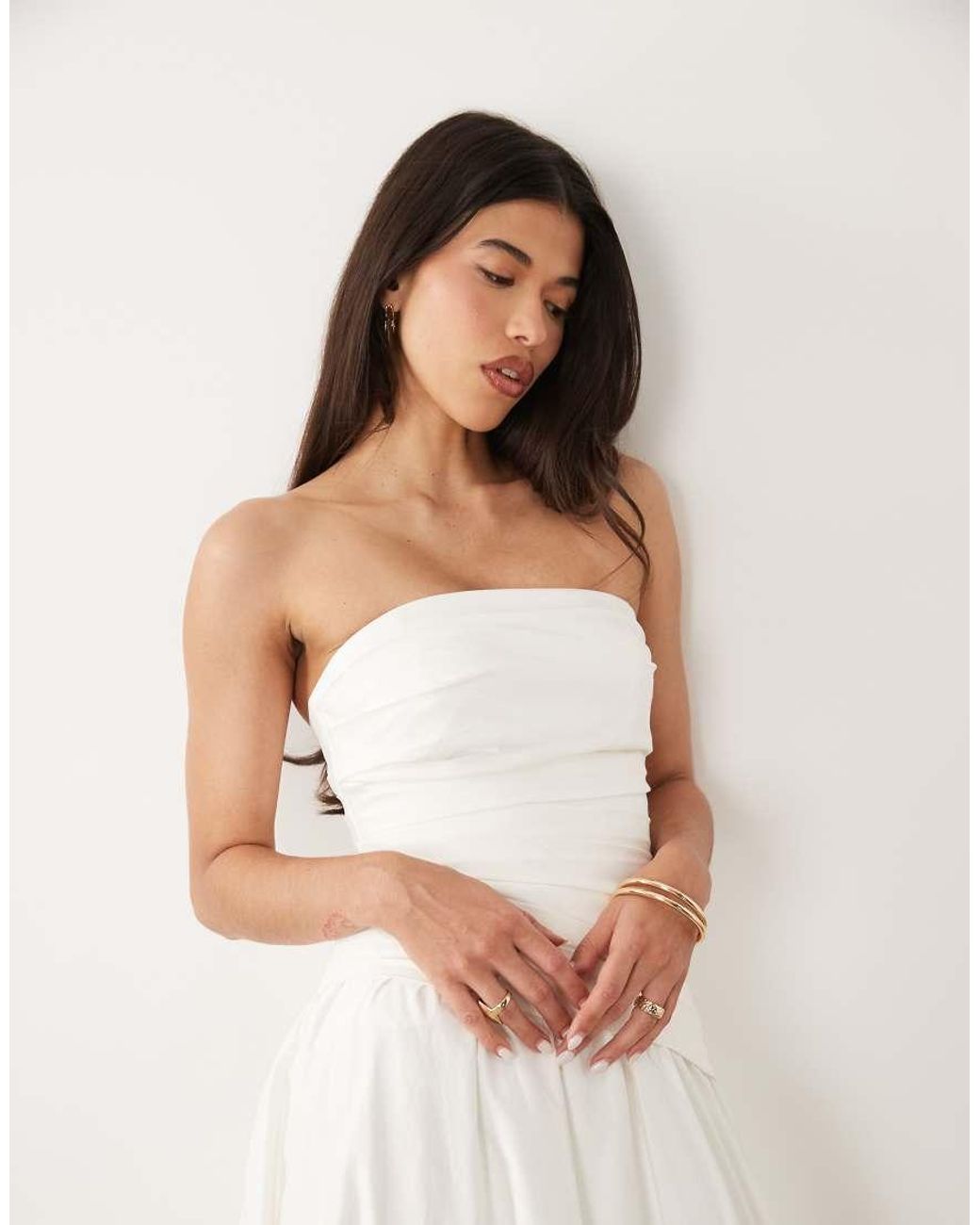 Forever New Natural Cotton Asymmetric Ruched Bandeau Midi Dress