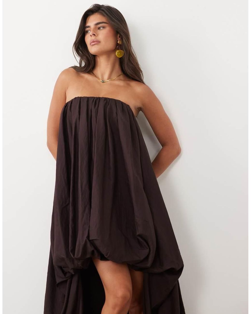 ASOS Brown Volume Bubble Bandeau Maxi Dress High Low Hem