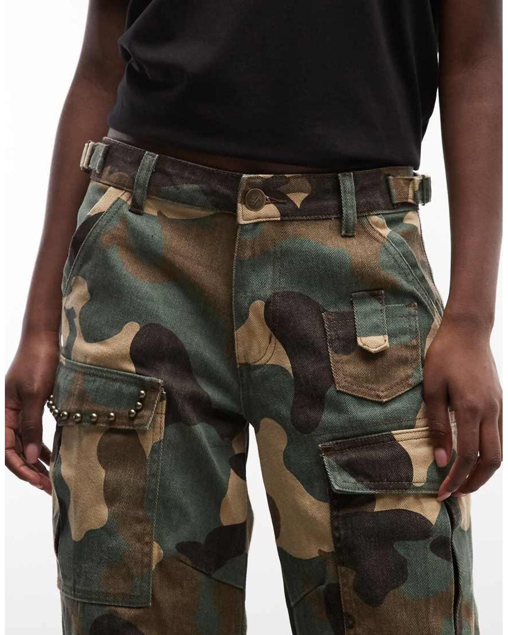 Liquor N Poker Black Low Rise baggy Cargo Jeans With Stud Pocket Detail