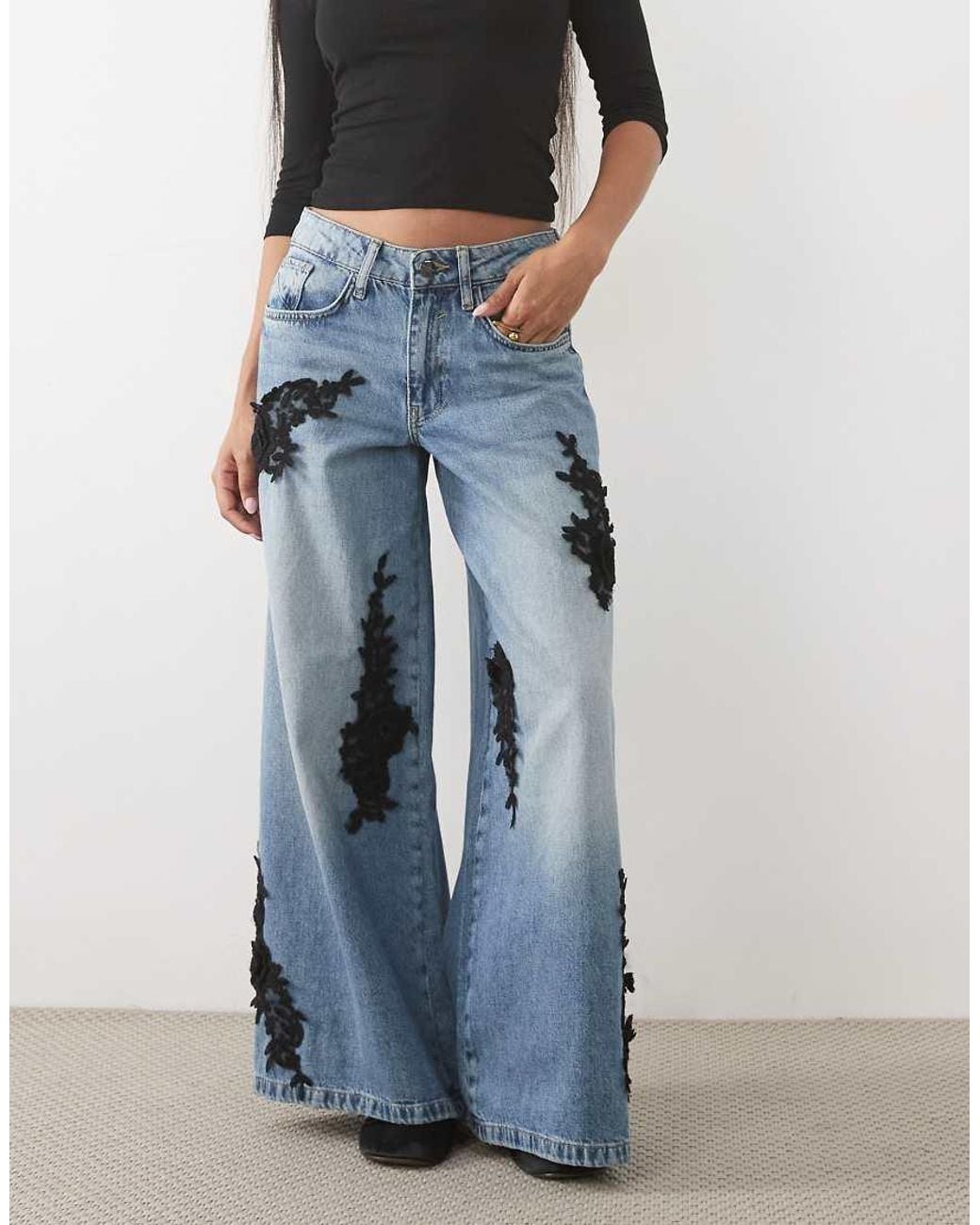 River Island Blue Floral Applique Baggy Fit Jeans