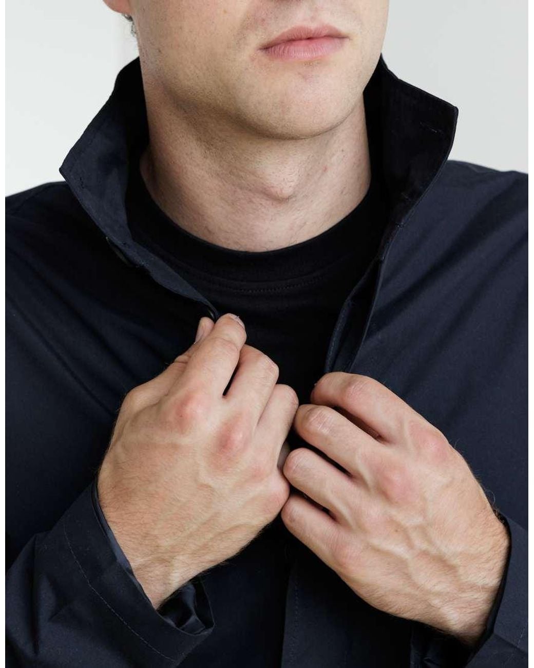 French Connection Blue Mid Length Funnel Neck Mac Coat for men