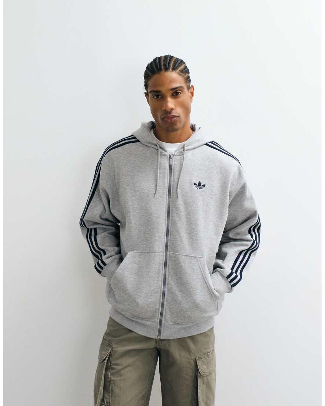 Adidas Originals Gray Full Zip Loose Fit Hoodie for men