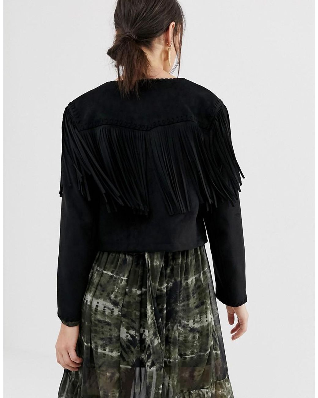 Stradivarius Cropped Faux Suede Fringe Jacket in Black Lyst UK