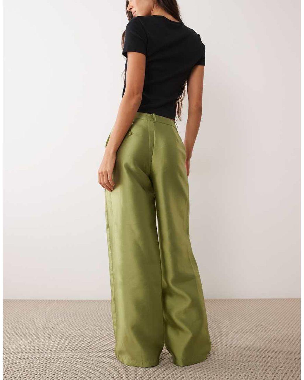 Vila Green Wide Leg Seam Detail Satin Trousers