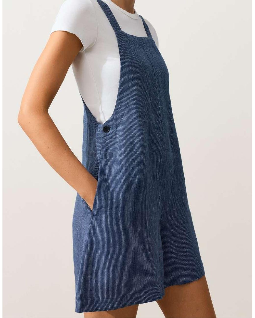 Oysho Blue Short Strappy 100% Linen Jumpsuit