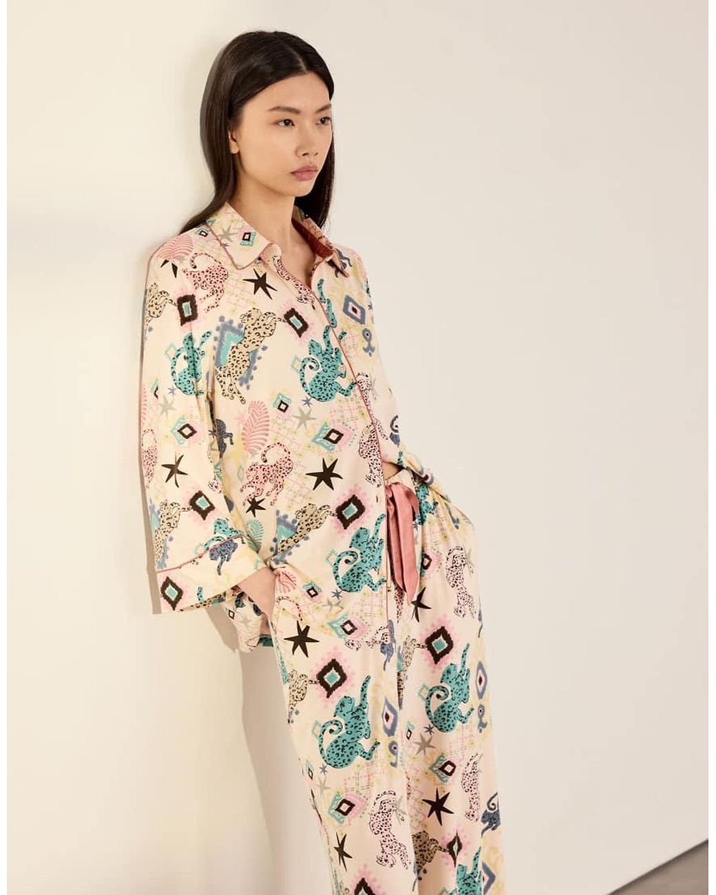 Chelsea Peers Natural Bohemian Leopard Print Long Pyjama Set