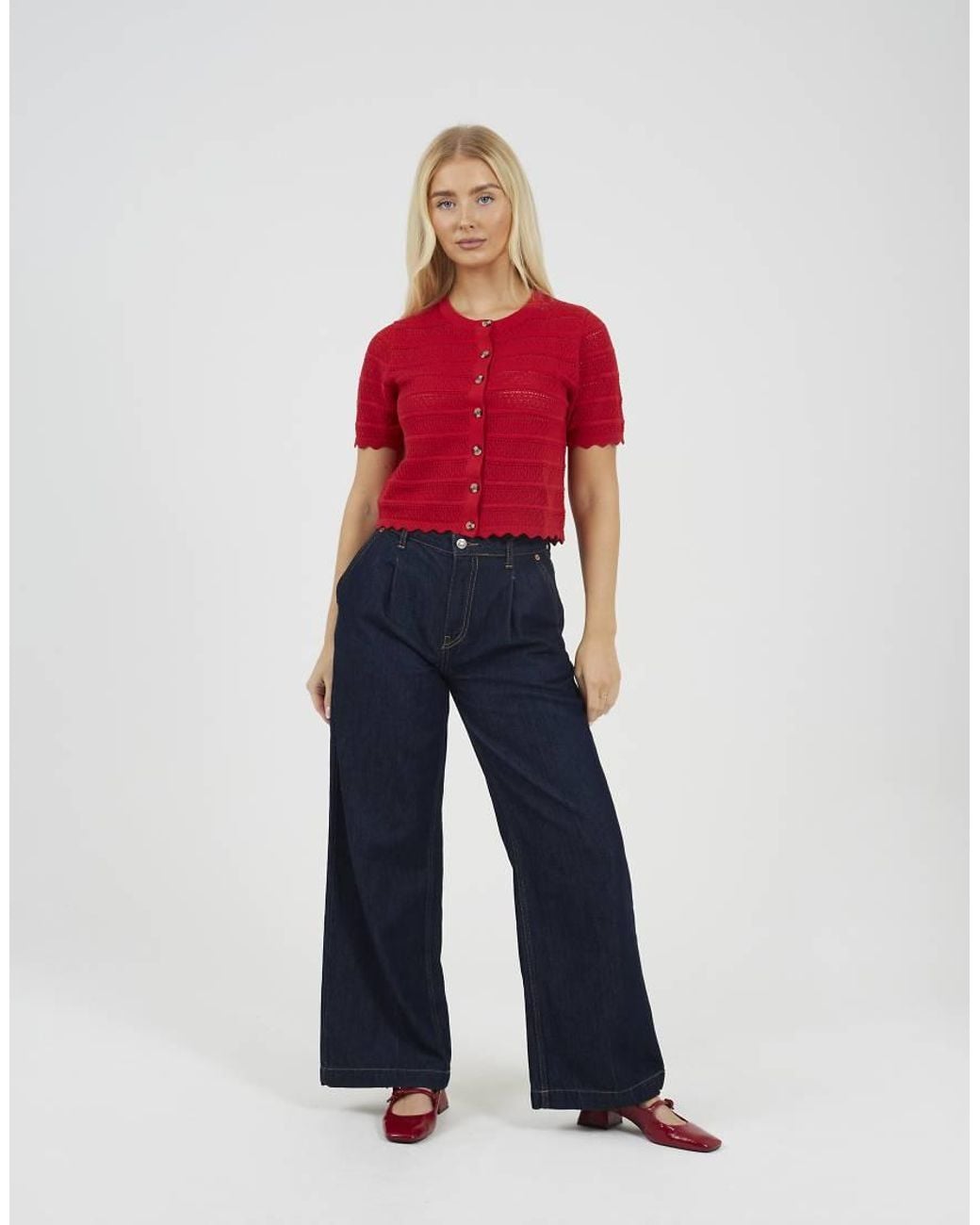 Brave Soul Red Short Sleeve Stitch Detail Crew Neck Cardigan