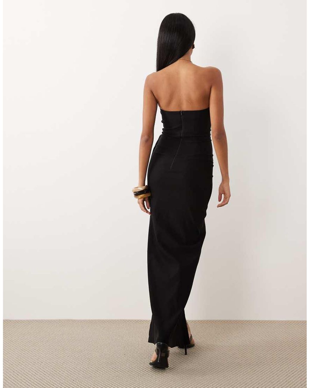 Vesper White Bengaline Sweetheart Bandeau Thigh Split Maxi Dress