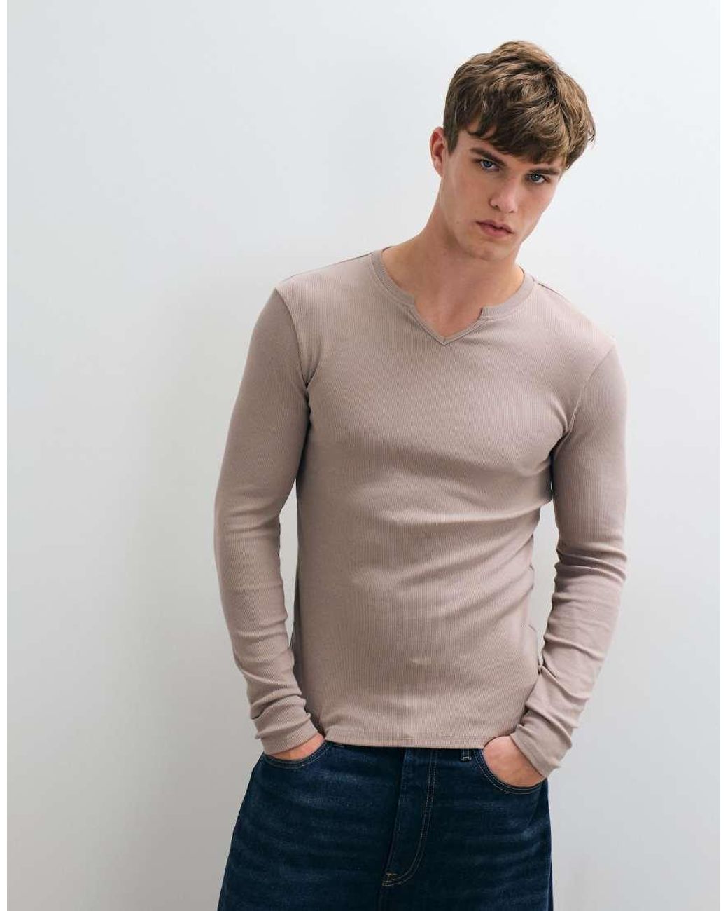 ASOS Gray Muscle Fit Long Sleeve T-shirt With Notch Neck for men