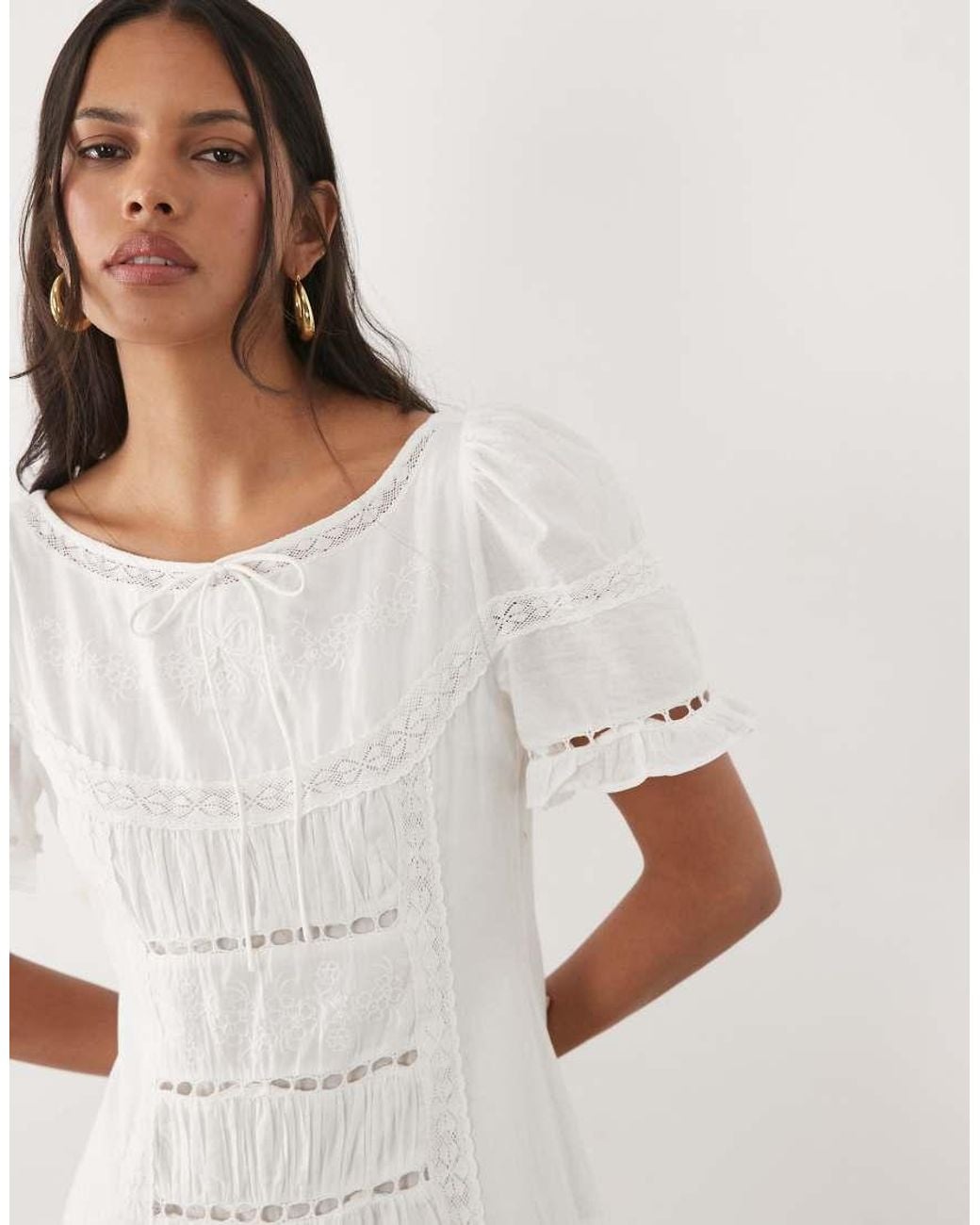 For Love & Lemons Natural Breezy Cotton Broderie Scoop Neck Puff Sleeve Midi Dress With Drop Waist