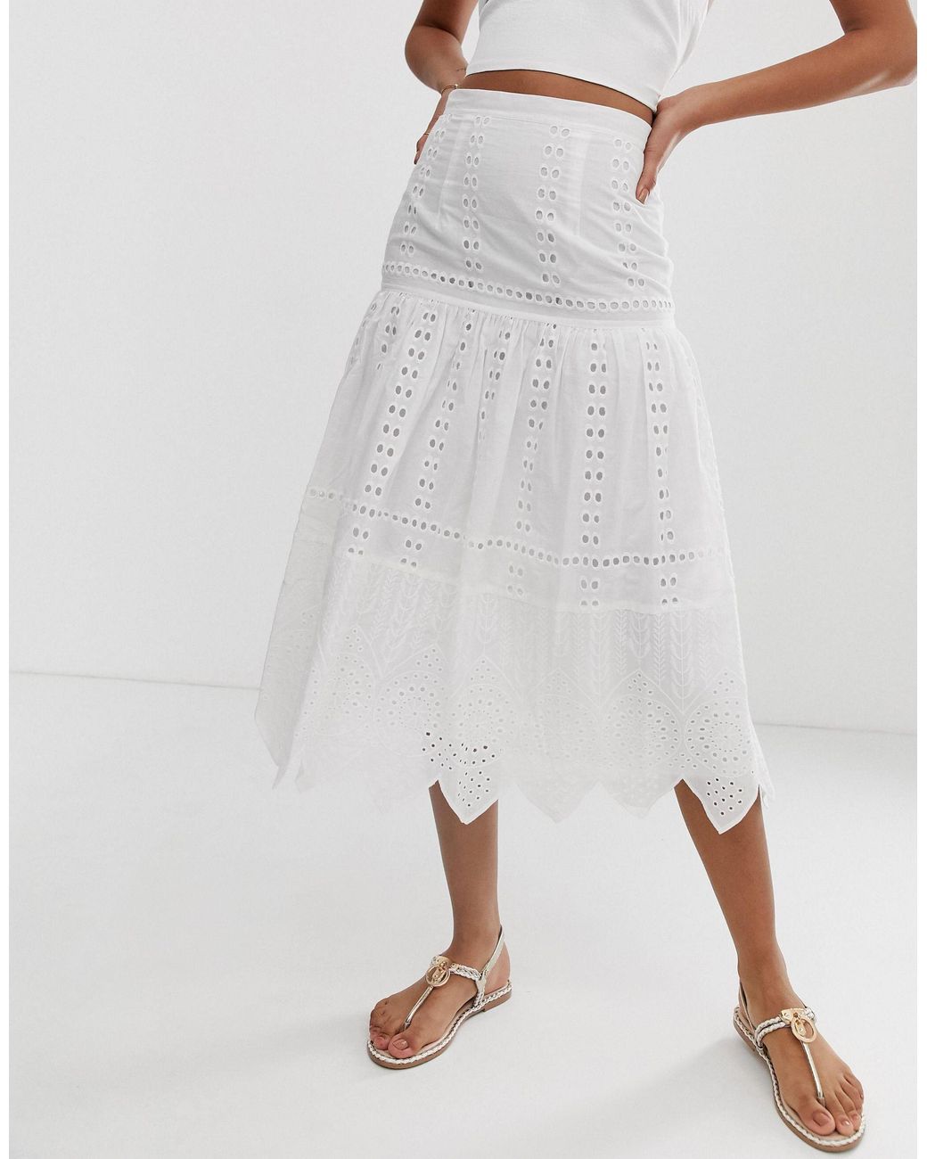 ASOS Drop Waist Broderie Midi Skirt With Scalloped Hem in White | Lyst