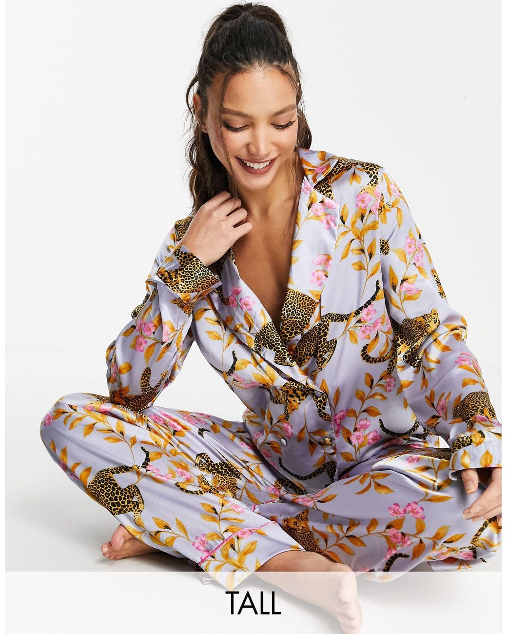 ASOS Asos Design Tall Exclusive Leopard Botanical Satin Pajama Set in ...