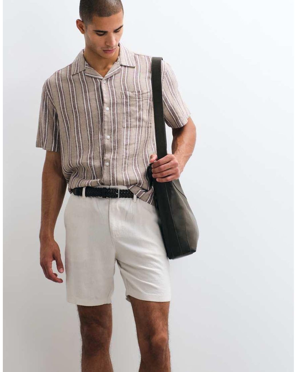 ASOS Natural Relaxed Linen Blend Stripe Shirt for men
