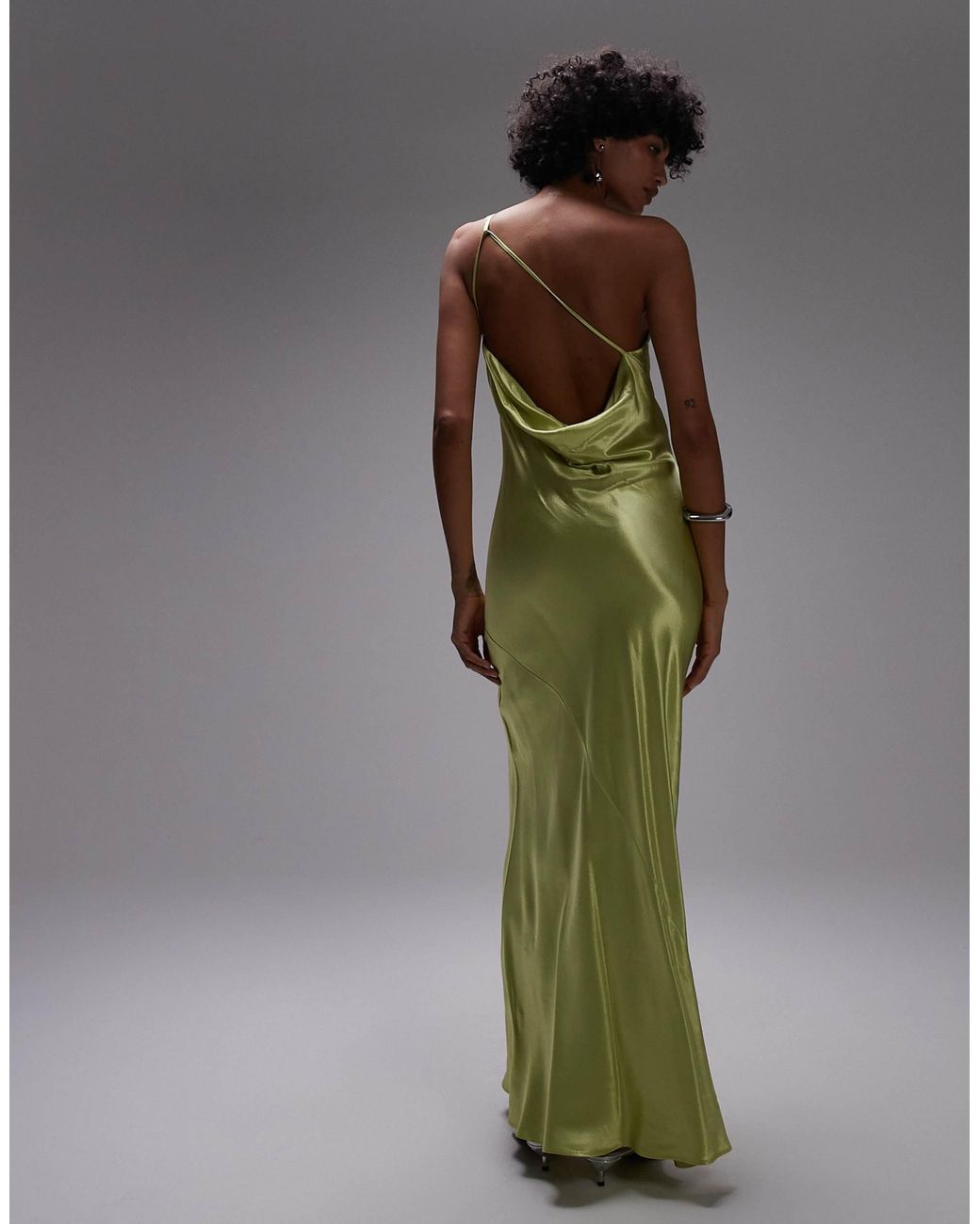 TOPSHOP Asymmetric One Shoulder Open Back Midi Occasion Dress in Green