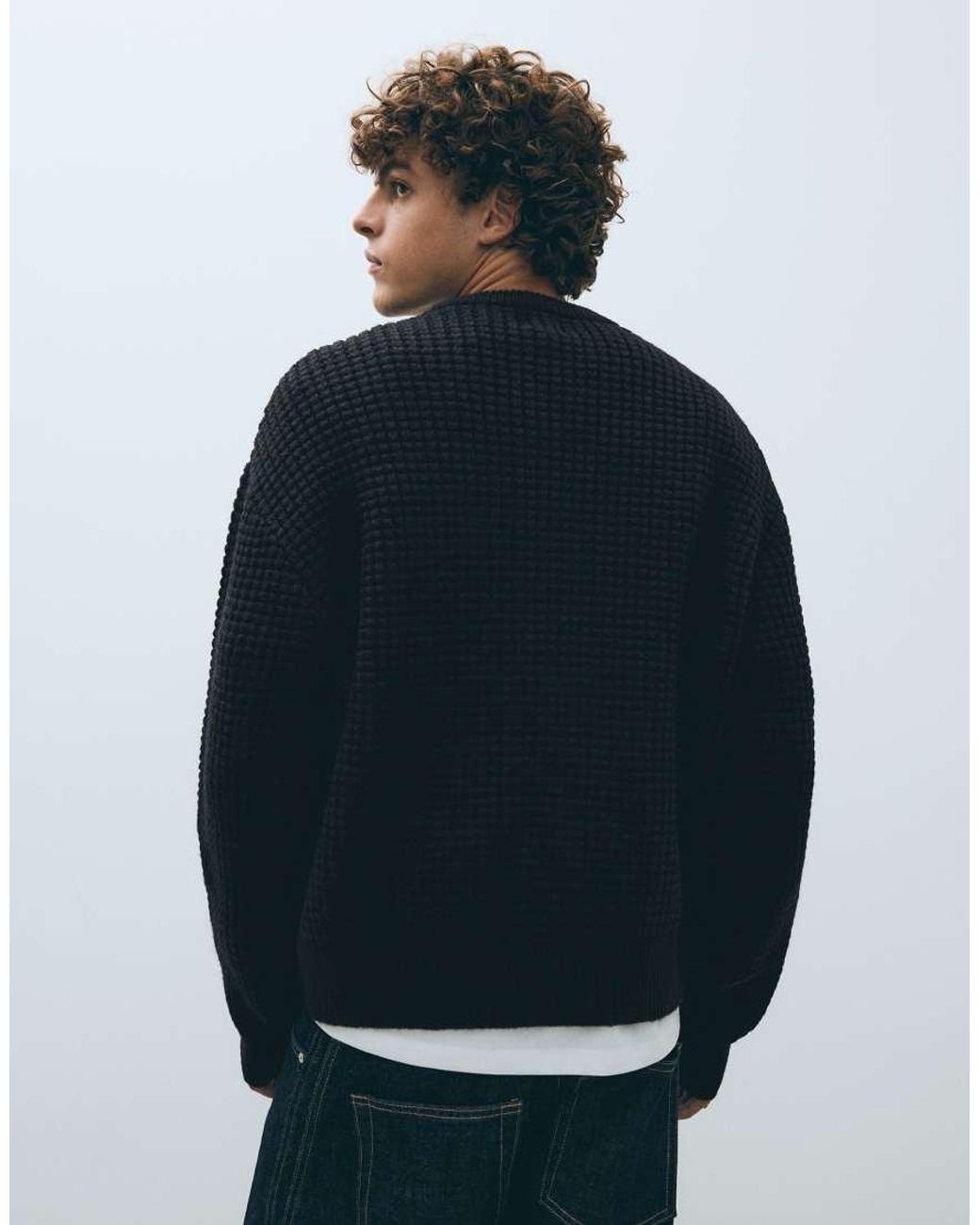 Bershka Blue Embroidered Waffle-Knit Jumper for men