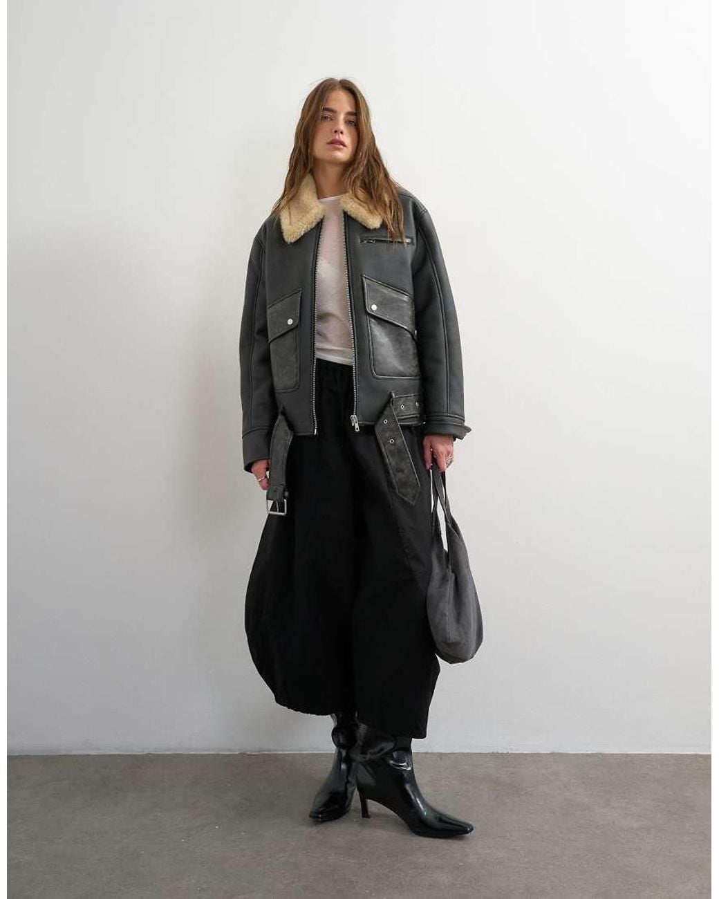 TOPSHOP Black Shearling Belted Biker Jacket