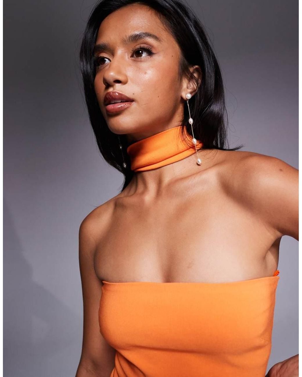 Vesper Petite Orange Bengaline Choker Neck Detail Bandeau Side Split Maxi Dress